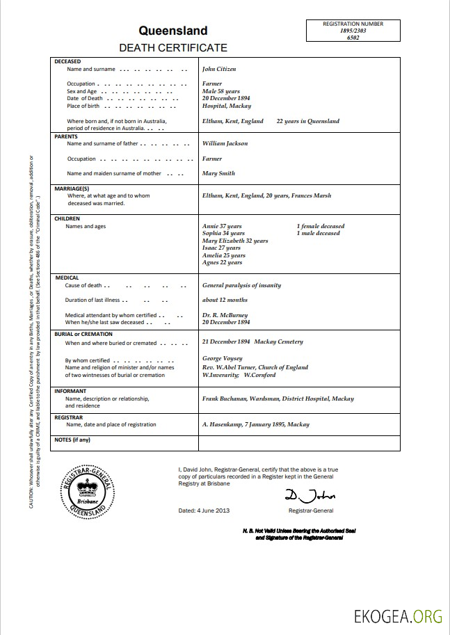 Modèle de certificat de décès Australie Queensland dans Word